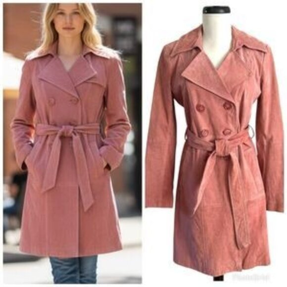 NWT Soft Blush Pink Suede Double Breasted Trench Coat Leather Luxe Designer City - Picture 1 of 16
